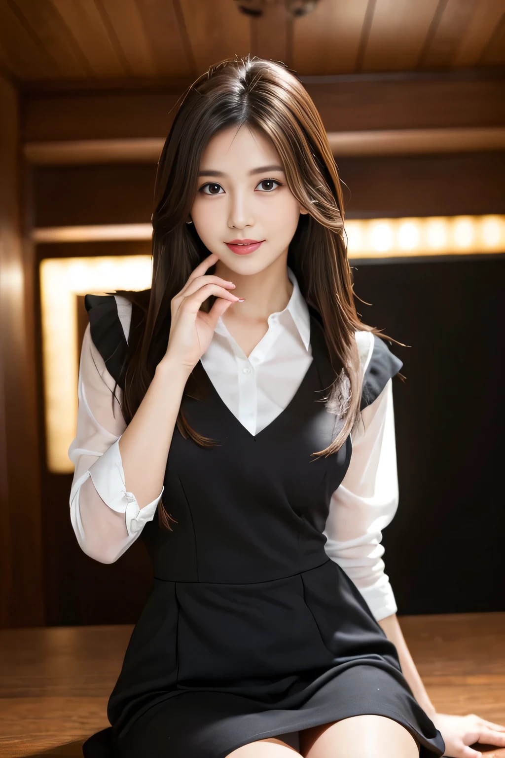 (RAW Photos), (Realistic), (masterpiece), (highest quality), High resolution, 8k, (Intricate details), (Volumetric Light), Portraiture, woman, Age 35, Medium Hair, Straight hair, Mid-chest, Layered Hair, Brown Hair, Very beautiful eyes, Source order, Very thin eyebrows, Very fine skin, Very beautiful mouth, Very nice nose, Cute like an idol, smile, (Thick lips), (Looking at the audience), (See-through black collared dress shirt), Above the knee shot