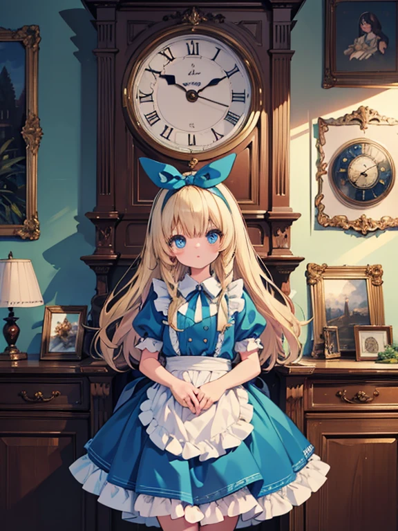 masterpiece, highest quality, Very detailed, 16k, Ultra-high resolution, Cowboy Shot, Alice in Wonderland, 10-year-old girl, Detailed face, blue eyes, Blonde, Braid, Long Hair, Ribbon on head, Blue Dress, White apron, In a room with a big clock, Clock, wall clock, Music Box