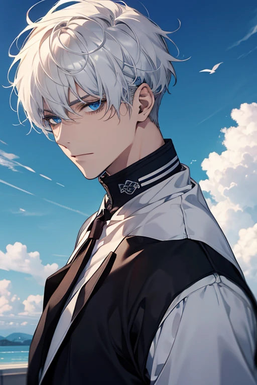 1 men, short White hair, beautiful face, defined body, sky blue eyes