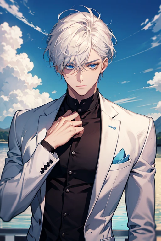 1 men, short White hair, beautiful face, defined body, sky blue eyes