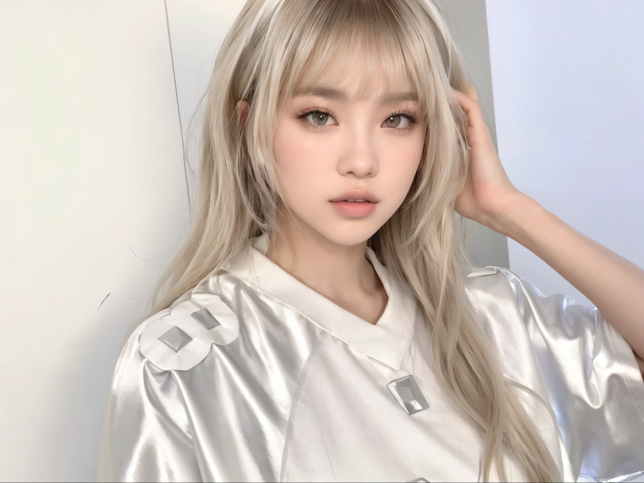 Chica de pelo rubio con pelo largo posando para una foto., Lalisa Manobal, Lalisa Manoban de Blackpink, pelo largo y blanco y flequillo, flequillo blanco, parque roseanne de blackpink, cabello con flequillo blanco, su cabello es blanco, Con flequillo, retrato de una mujer como reol, peinado de corte hime blanco, con flequillo completo, su cabello es plateado