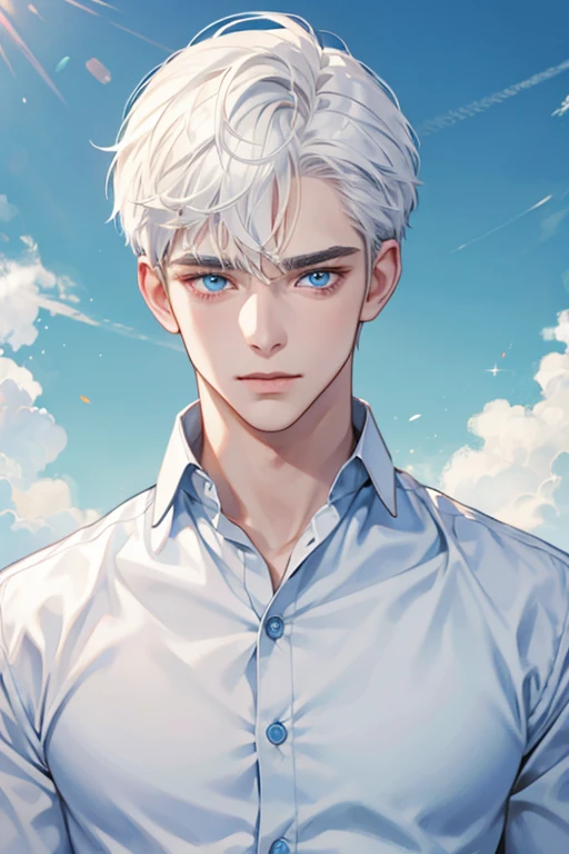1 men, short White hair, beautiful face, defined body, sky blue eyes