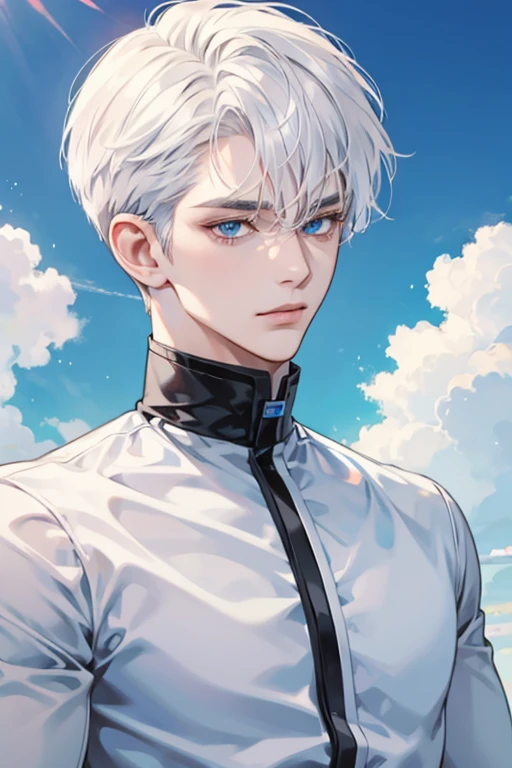 1 men, short White hair, beautiful face, defined body, sky blue eyes