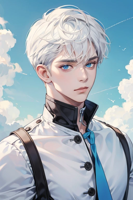 1 men, short White hair, beautiful face, defined body, sky blue eyes