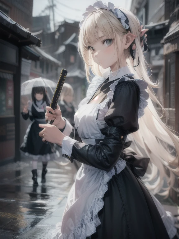 (best quality,ultra-detailed,realistic:1.37) A girl in a maid dress stands in the middle of the street, getting wet in the rain. She is holding a Japanese sword in her hand, glaring at the viewer. The dress is tattered and torn, while her hair is long and brown. The scene is illuminated by dim streetlights, casting a somber atmosphere. The colors are desaturated, with a slight blue tint to emphasize the rainy setting. The raindrops are depicted with sharp focus, capturing the motion and sparkling effect. The overall composition resembles a portrait, with attention to detail and texture.