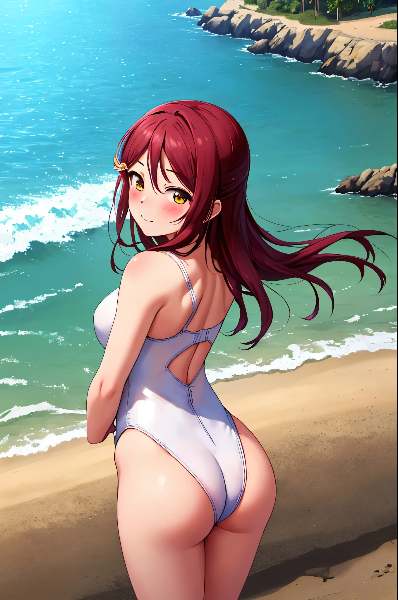Masterpiece,best quality,pov, slightly from above,Solo, cowboy shot, from behind,Sakurauchi riko, looking at viewer,long hair, blush,love scene, leotard swimsuit, breasts, high-leg,thicc ,day,beach in background , exposed ass cheeks 