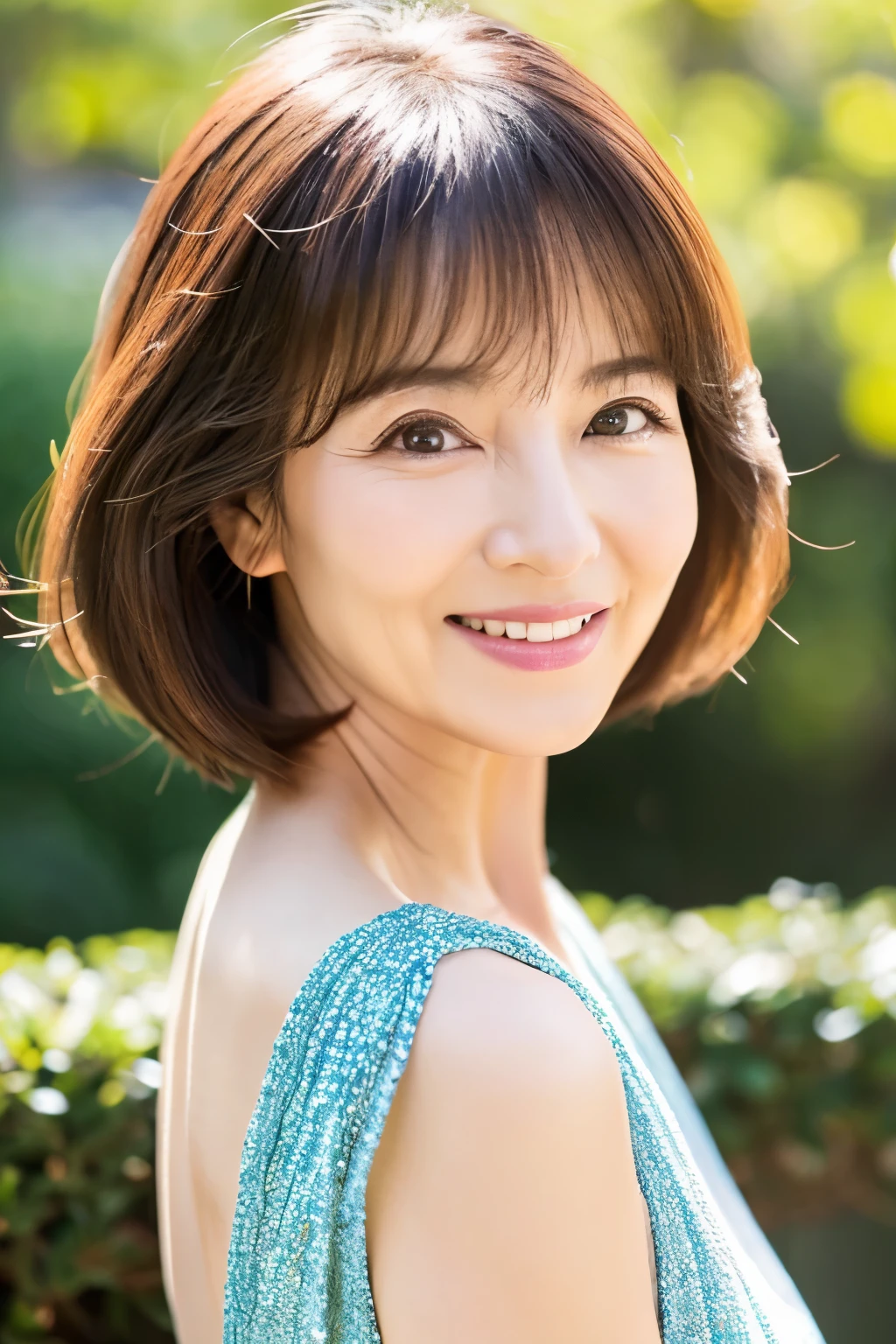 57 years old、smile、beautiful、Elegant adult attire、Shining eyes、stare、