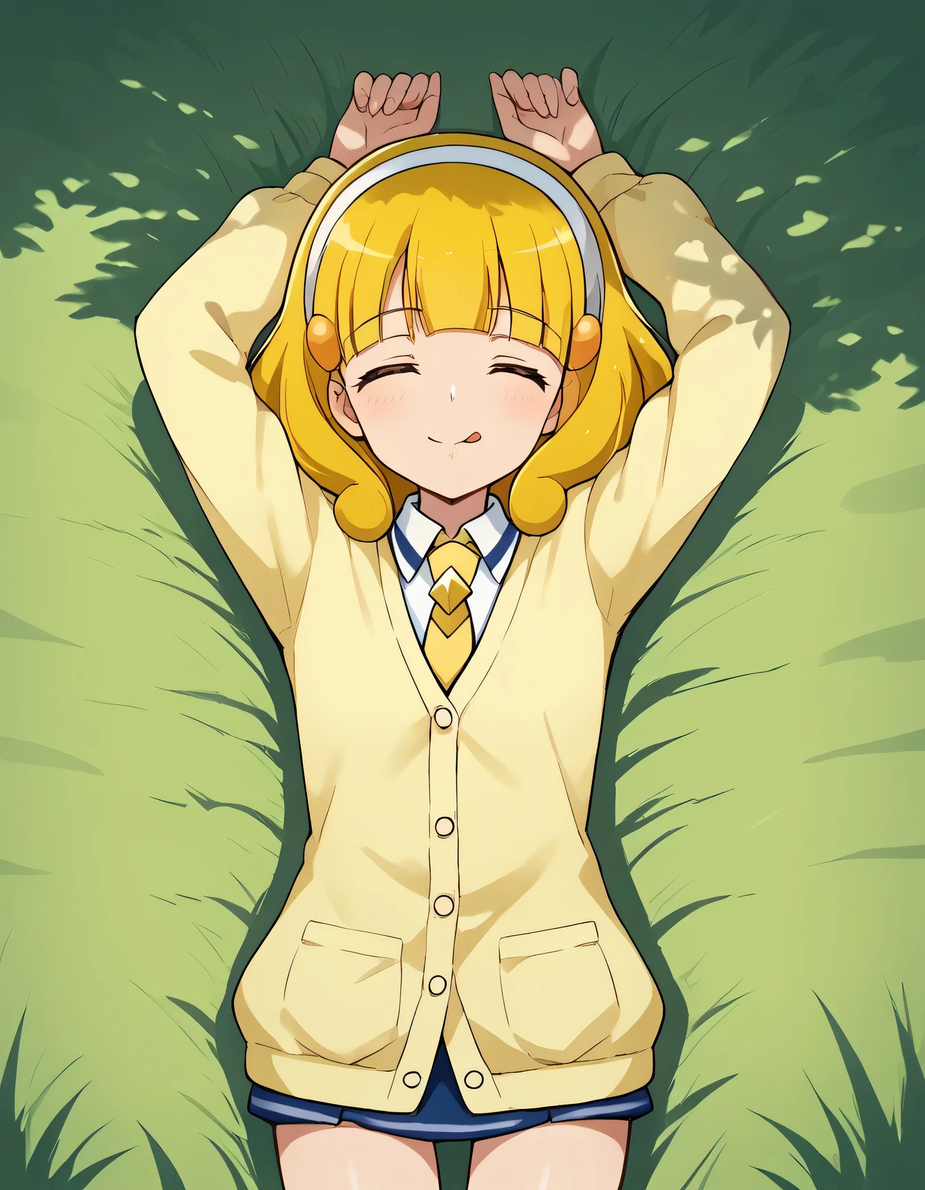 score_9, source_anime, rating_safe BREAK 1girl, solo
kise yayoi, yellow hair, yellow eyes, white hairband, hair ornament, medium hair, nanairogaoka middle , yellow necktie, yellow cardigan, (cowboy shot:1.5), solo, lying, on back, on grass, arms up, spread arms, closed eyes, best quality, tongue out, playing dead,