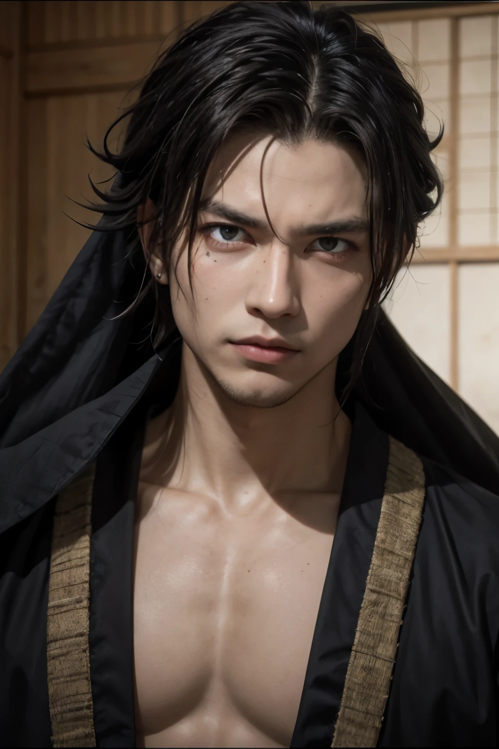 obra maestra, mejor calidad, still film, 1 chico, solo, enfoque masculino, mirando al espectador, , , , realista, gajeel_zorro rojo, pelo negro, ojos rojos, pelo largo, drilling, , feudal japan, High Definition