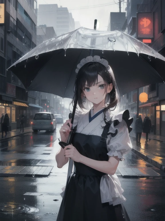(best quality,ultra-detailed,realistic:1.37) A girl in a maid dress stands in the middle of the street, getting wet in the rain. She is holding a Japanese sword in her hand, glaring at the viewer. The dress is tattered and torn, while her hair is long and brown. The scene is illuminated by dim streetlights, casting a somber atmosphere. The colors are desaturated, with a slight blue tint to emphasize the rainy setting. The raindrops are depicted with sharp focus, capturing the motion and sparkling effect. The overall composition resembles a portrait, with attention to detail and texture.