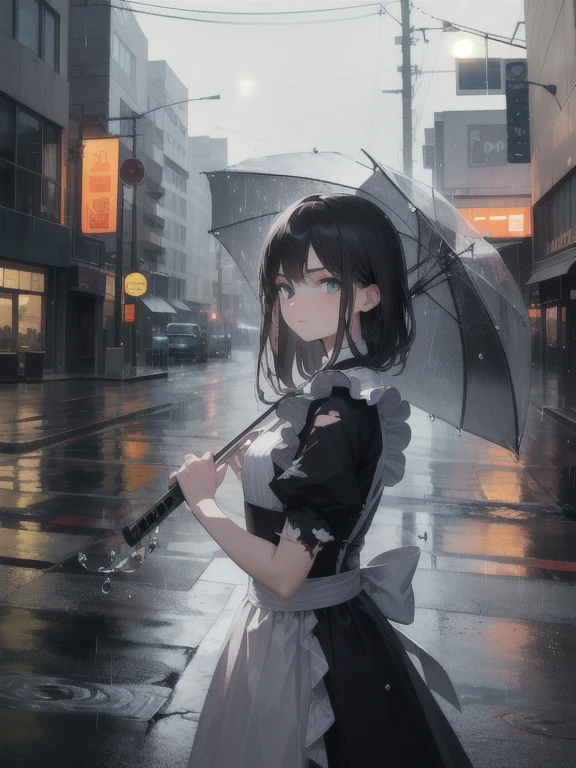 (best quality,ultra-detailed,realistic:1.37) A girl in a maid dress stands in the middle of the street, getting wet in the rain. She is holding a Japanese sword in her hand, glaring at the viewer. The dress is tattered and torn, while her hair is long and brown. The scene is illuminated by dim streetlights, casting a somber atmosphere. The colors are desaturated, with a slight blue tint to emphasize the rainy setting. The raindrops are depicted with sharp focus, capturing the motion and sparkling effect. The overall composition resembles a portrait, with attention to detail and texture.