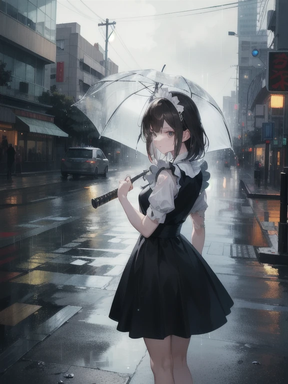 (best quality,ultra-detailed,realistic:1.37) A girl in a maid dress stands in the middle of the street, getting wet in the rain. She is holding a Japanese sword in her hand, glaring at the viewer. The dress is tattered and torn, while her hair is long and brown. The scene is illuminated by dim streetlights, casting a somber atmosphere. The colors are desaturated, with a slight blue tint to emphasize the rainy setting. The raindrops are depicted with sharp focus, capturing the motion and sparkling effect. The overall composition resembles a portrait, with attention to detail and texture.