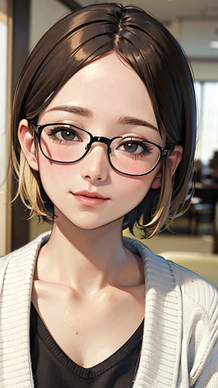 1 Woman Standing, /(Oversized sweater/) V-neck, Mature Woman, /((((short hair、Light brown hair、Blonde hair)))) Beautiful forehead, Stylish Glasses、A gentle blushing smile, (Masterpiece of the highest quality:1.2) Delicate illustrations, super detailed, /(Modern house living room/) indoor