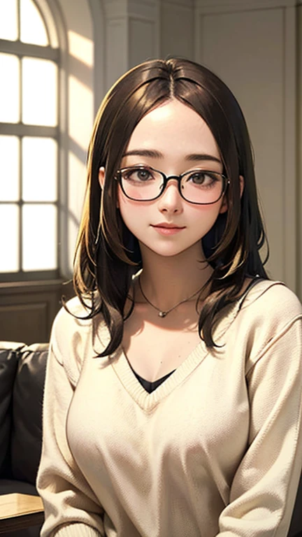 1 Woman Standing, /(Oversized sweater/) V-neck, Mature Woman, /((((Mid-length hair、Light brown hair、Blonde hair)))) Beautiful forehead, Stylish Glasses、A gentle blushing smile, (Masterpiece of the highest quality:1.2) Delicate illustrations, super detailed,  /(Modern house living room/) indoor