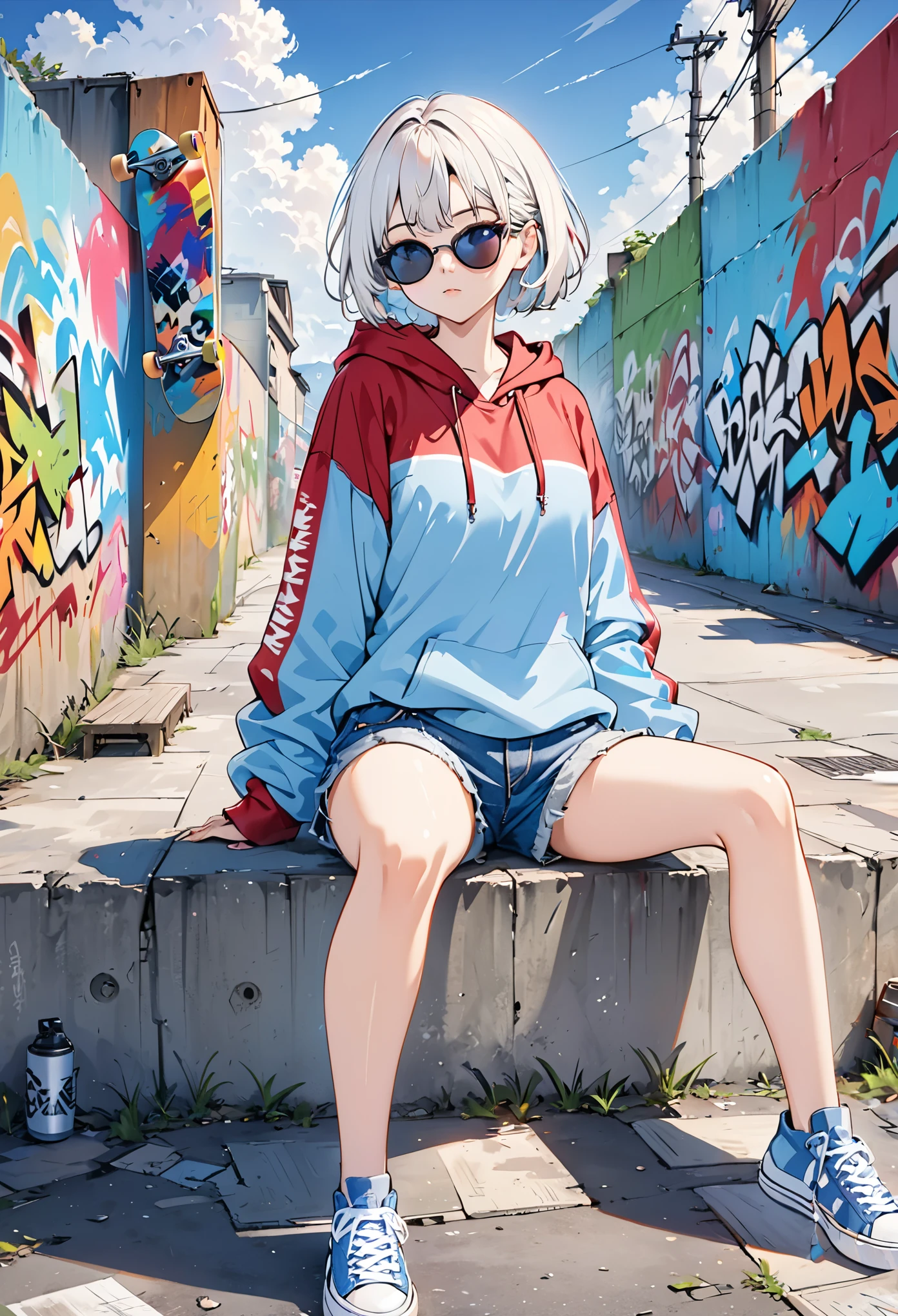 Hd,8k,1 girl,short hair,sitting,1 pair of sunglasses,hoodie,colored hoodie,denim shorts,sneakers,skateboard,Human focus,outdoor,blue sky,White clouds,graffiti, flat,solo,white hair,