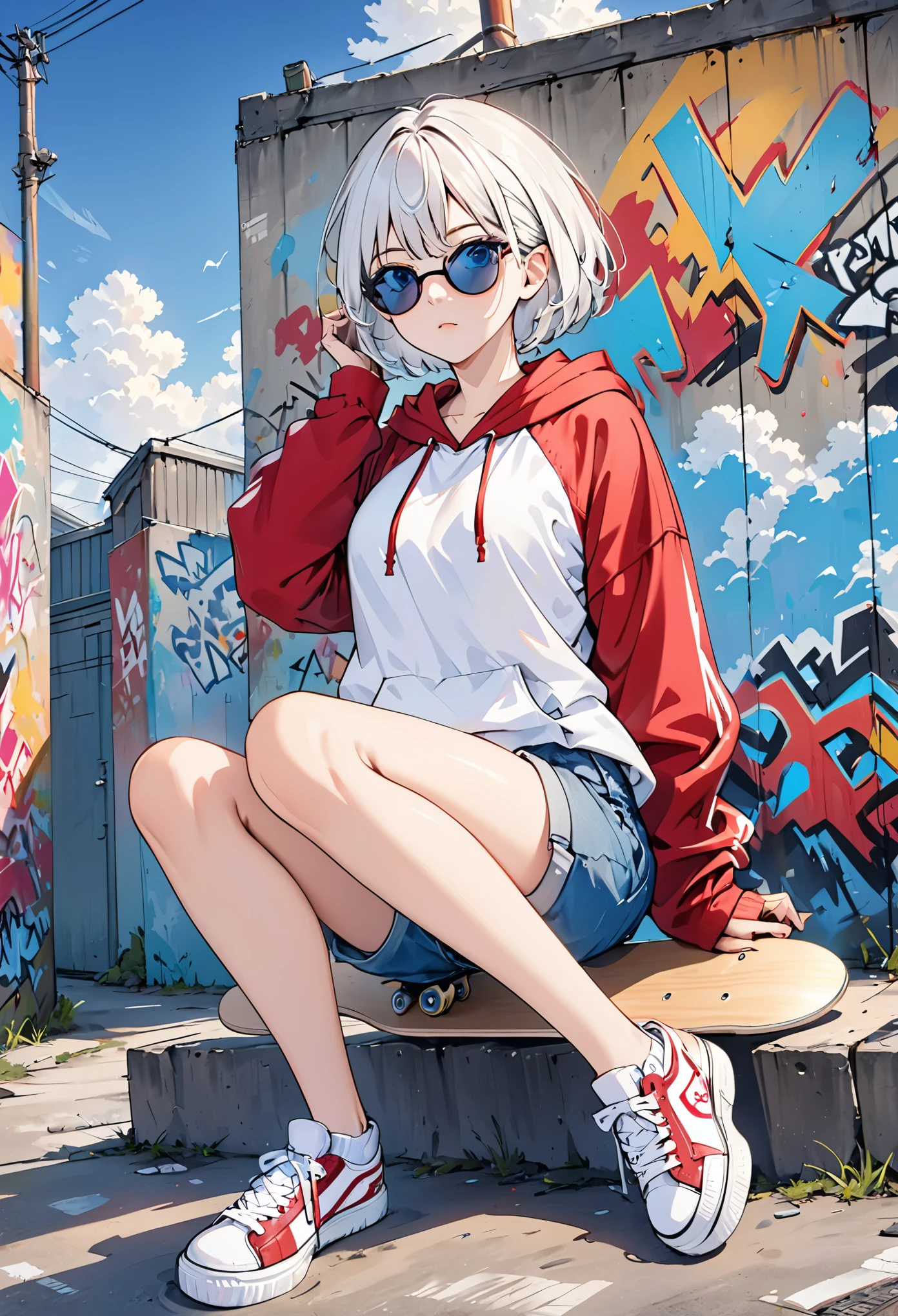 Hd,8k,1 girl,short hair,sitting,1 pair of sunglasses,hoodie,colored hoodie,denim shorts,sneakers,skateboard,Human focus,outdoor,blue sky,White clouds,graffiti, flat,solo,white hair,