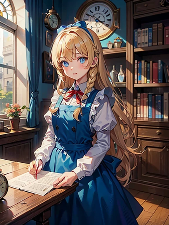 (8k, highest quality, Tabletop:1.2), Ultra-high resolution, Alice in Wonderland, -yeld gi Detailed face, blue eyes, Blonde, Braid, Long Hair, Ribbon on head, Blue Dress, White apron, In a room with a big clock, Clock, wall clock, Bookshelf