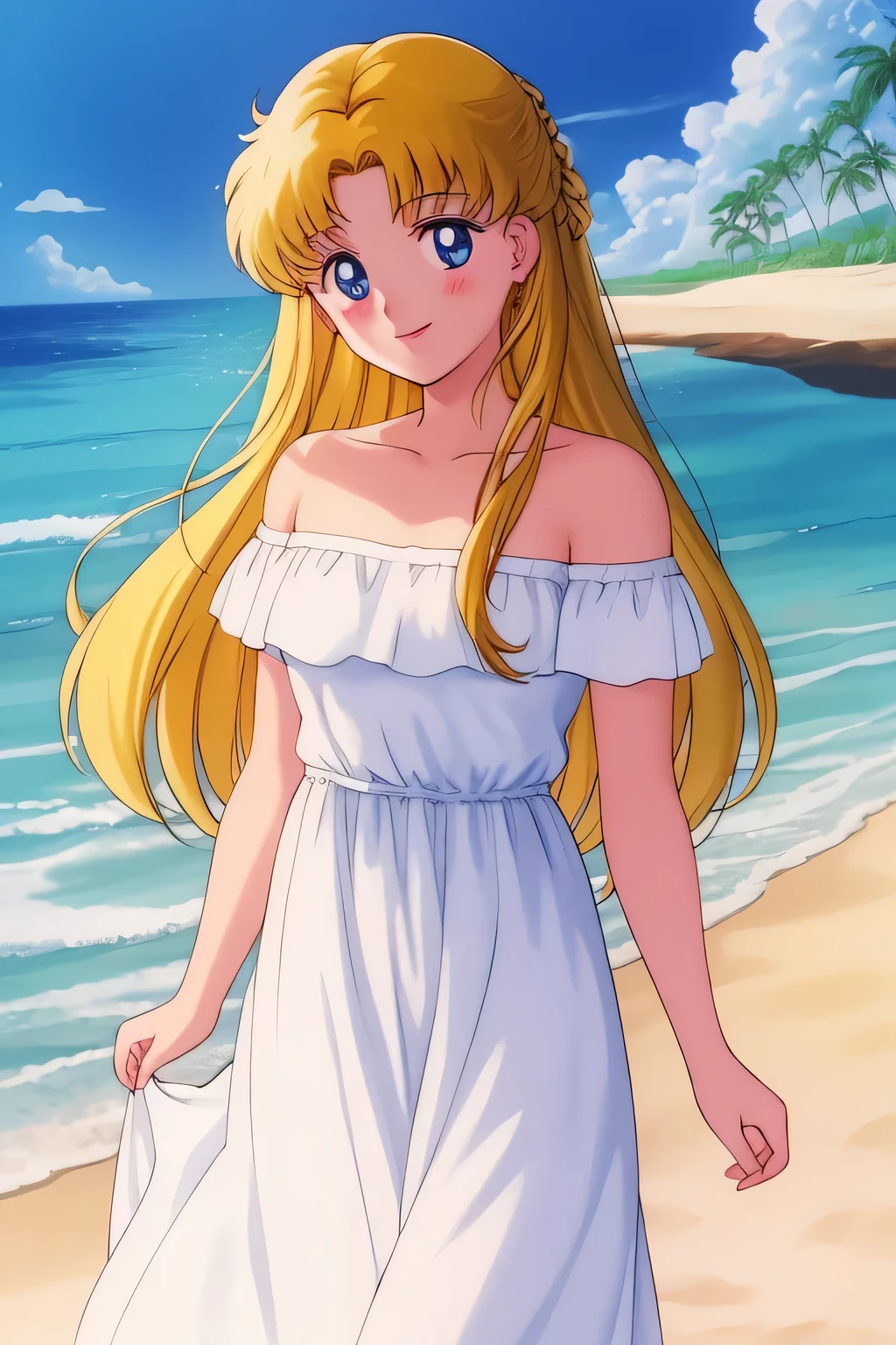 1990s \(style\), masterpiece, best quality, highres, outdoors, small breasts, 1 girl, Solo, UsagiTsukino, Blue Eyes, Beautiful Detail Eyes, Yellow Medium Hair, Straight Hair, Good hands are down, Smile, Blushing, Bare Neck, Bare Shoulders, strapless, White Ruffle Off-the-Shoulder maxi dress. Cowboy shot. Cowboy shot. A landscape of blue skies, pirate ship with a black flag far away, an ocean with a beach. In the center. Looking at the viewers. Smile