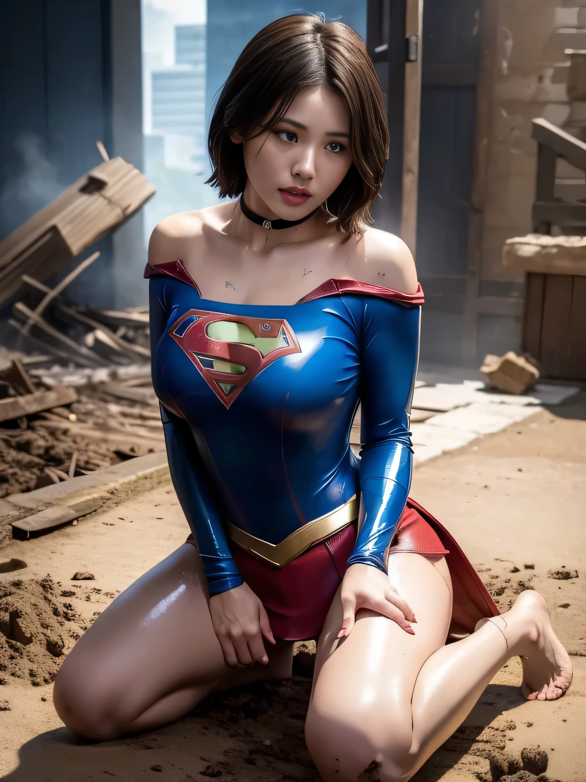 masterpiece、Supergirl Costume、short hair、barefoot、Big and ample breasts、Crisis situation、Complete surrender、Mud stains、Rubble pile、Abused、Kneel、Sweaty、Shiny、looking at the camera、Dripping sewage、choker、Long sleeve、Sexy poses to seduce、Poor environment、Humiliating、Off the shoulder、latex、