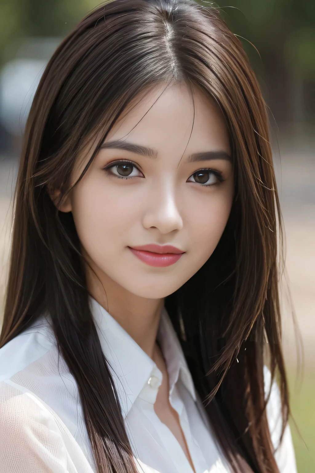 (RAW Photos), (Realistic), (masterpiece), (highest quality), High resolution, 8k, (Intricate details), (Volumetric Light), Portraiture, woman, Age 35, Medium Hair, Straight hair, Mid-chest, Layered Hair, Brown Hair, Very beautiful eyes, Source order, Very thin eyebrows, Very fine skin, Very beautiful mouth, Very nice nose, Cute like an idol, smile, (Thick lips), (Looking at the audience), (See-through random color collared dress shirt), Waiting for the above knee shot to start