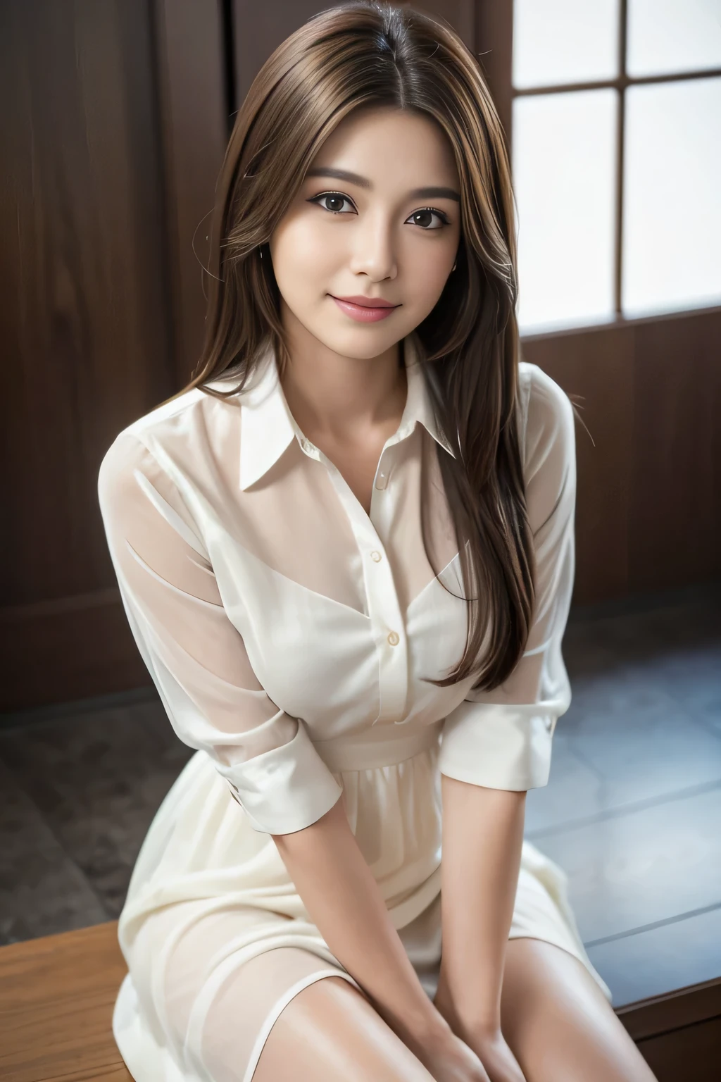 (RAW Photos), (Realistic), (masterpiece), (highest quality), High resolution, 8k, (Intricate details), (Volumetric Light), Portraiture, woman, Age 35, Medium Hair, Straight hair, Mid-chest, Layered Hair, Brown Hair, Very beautiful eyes, Source order, Very thin eyebrows, Very fine skin, Very beautiful mouth, Very nice nose, Cute like an idol, smile, (Thick lips), (Looking at the audience), (See-through random color collared dress shirt), Waiting for the above knee shot to start 
