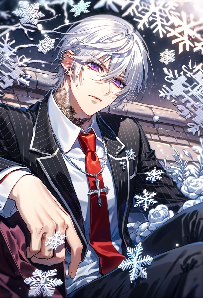 Ultra detailed, HDR, Highres, absurdres, master piece, Zero Kiryuu, white hair, short hair, expressive purple eyes, Vampire Knight, ice butterflies, winter, ice, snowflakes, white flowers, sexy man, solo, extremely detailed face and eyes, handsome, glittering, toned chest, white shirt, tattoo on his neck, ear piercings, Vampire Knight black uniform, red necktie, sitting, black pants, cross uniform, holding a M1911 pistol (Bloody Rose)