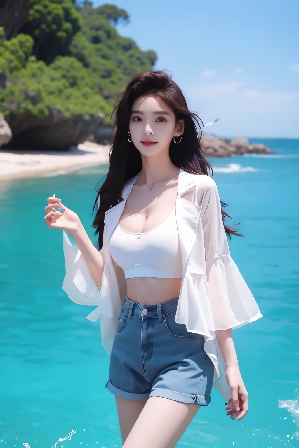 Beautiful woman with perfect body：1.4，Layered Hairstyle，Prominent cleavage，Highly detailed face and skin textures，Double eyelids，Skin Whitening，Long hair，Whitened long legs，（Transparent shirt）Standing by the sea