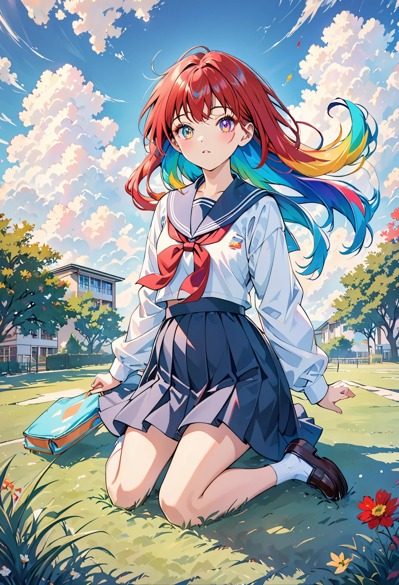 1girl,multicolored hair,floating hair,multicolored eyes,(wariza:1.2),vvi\(artstyle\),school uniform,cloudy sky,full body,grass,looking at viewer,front,eyelashes,(Colorful:1),