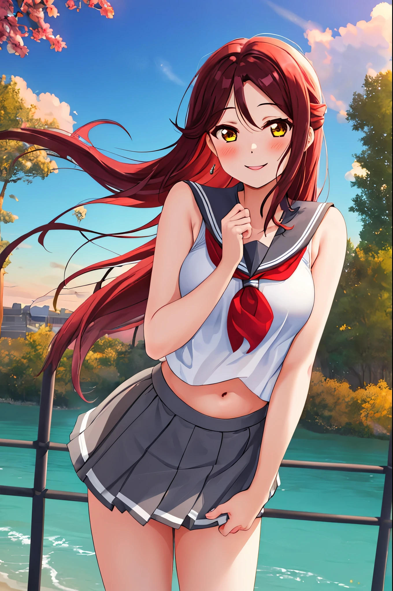 Masterpiece,best quality,Solo, cowboy shot,Sakurauchi riko, long hair, blush, love scene, skirt, sleeveless, pleated skirt, standing, serafuku, grey skirt, uranohoshi ,side breast,navel,thicc thighs ,sea in background, sunset time ,  floating skirt , lovely smile 