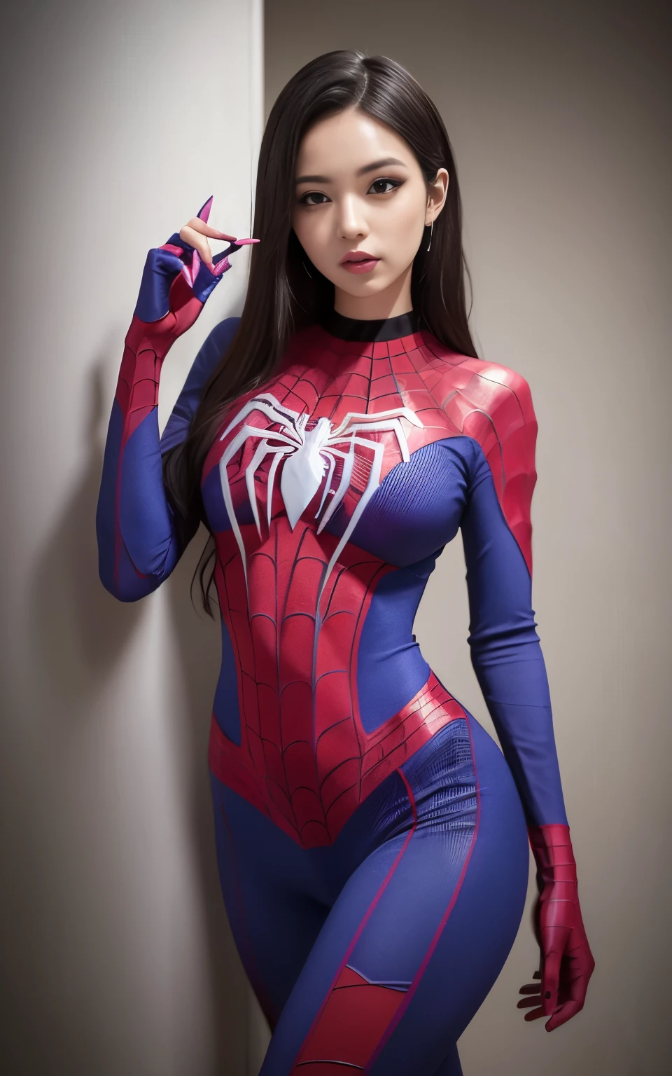 Thin, sexy, spider woman in pink and purple. sexy, alluring pose. 