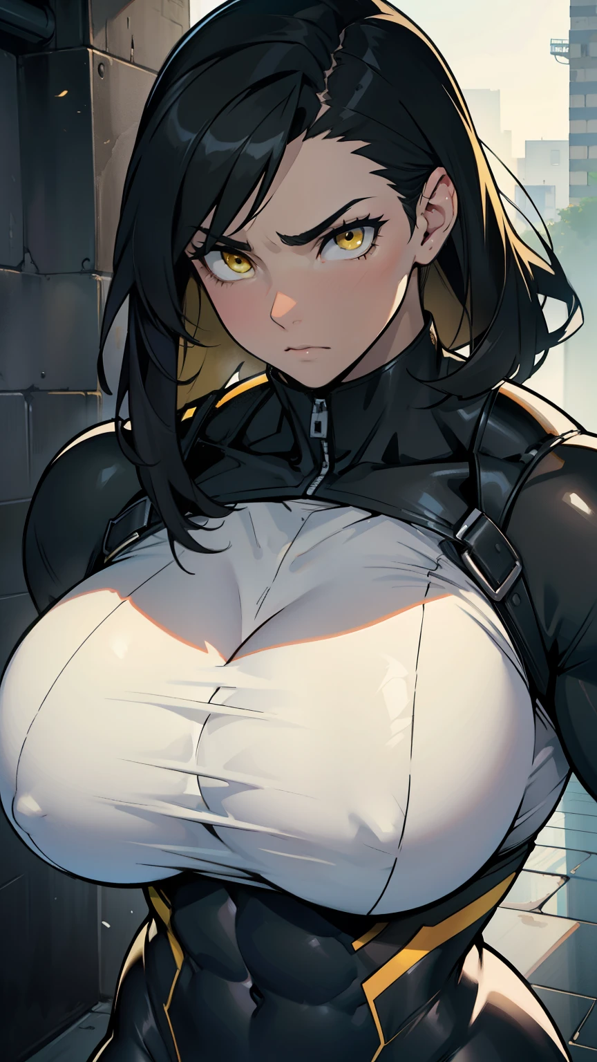 muscular muscular muscular huge breasts huge breasts huge breasts thick thick thick pale skin black hair yellow eyes sad