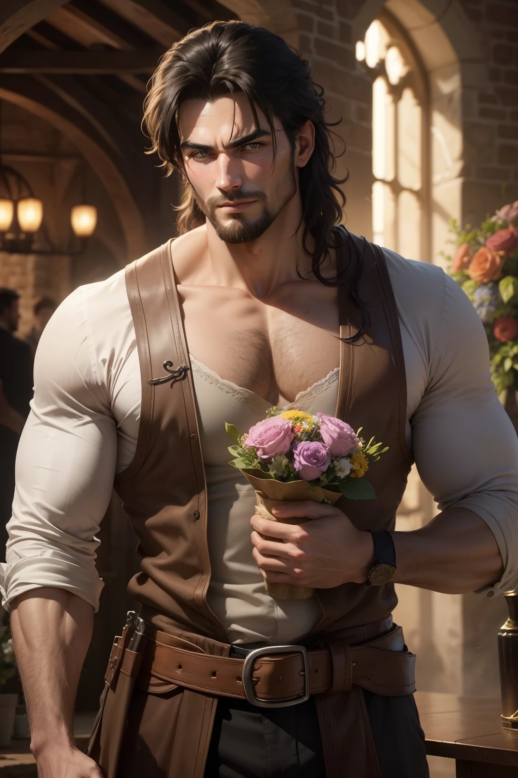 (masterpiece, best quality:1.2), ultra-detailed, detailed face, detailed lips and eyes, realistic,
BREAK FRED barbarian man with black hair, messy hair, slight beard, ferocious expression, strong build, intense gaze, veins bulging on his neck, 32 years old,
BREAK smile, ((flower bouquet)),
BREAK Tall attractive man, elegantly suited, holding bouquet of vibrant flowers, broad smile, medieval fantasy setting, indoors, pub, rich earth tones, well-groomed beard, twinkling eyes, sunlit, busy townsfolk, mix of armor-clad guards and commoners, fluttering oil lamps, soft shadows, detailed cobblestone texture, historic architecture, stone walls, intricate door carvings, lively atmosphere, warmth, inviting color palette.