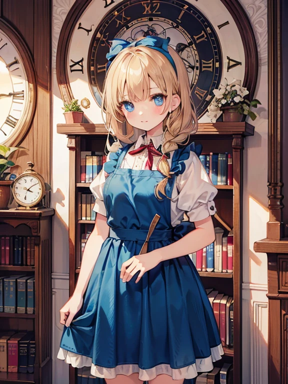masterpiece, highest quality, Very detailed, 16k, Ultra-high resolution, Cowboy Shot, Alice in Wonderland, 10-year-old girl, Detailed face, blue eyes, Blonde, Braid, Long Hair, Ribbon on head, Blue Dress, White apron, In a room with a big clock, Clock, wall clock, Bookshelf