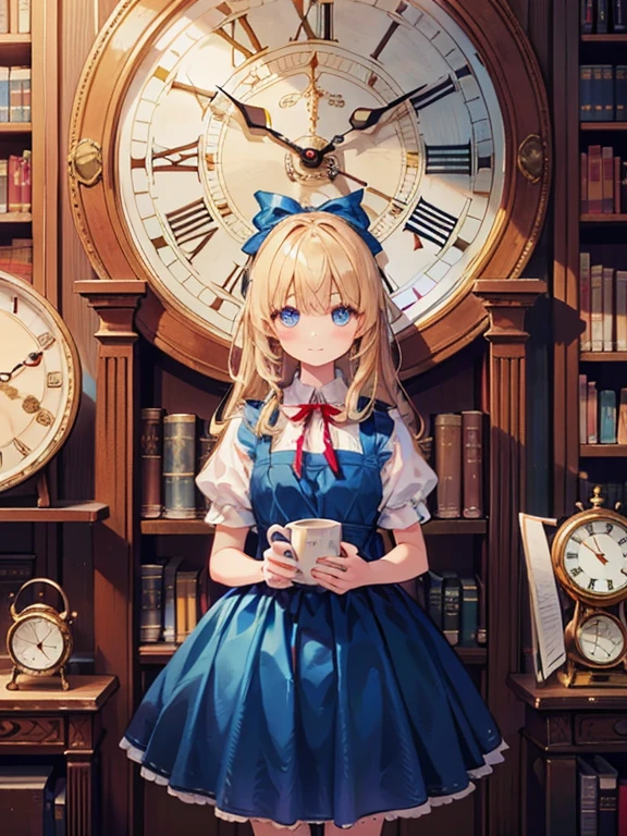 masterpiece, highest quality, Very detailed, 16k, Ultra-high resolution, Cowboy Shot, Alice in Wonderland, -yeld gi Detailed face, blue eyes, Blonde, Braid, Long Hair, Ribbon on head, Blue Dress, White apron, In a room with a big clock, Clock, wall clock, Bookshelf