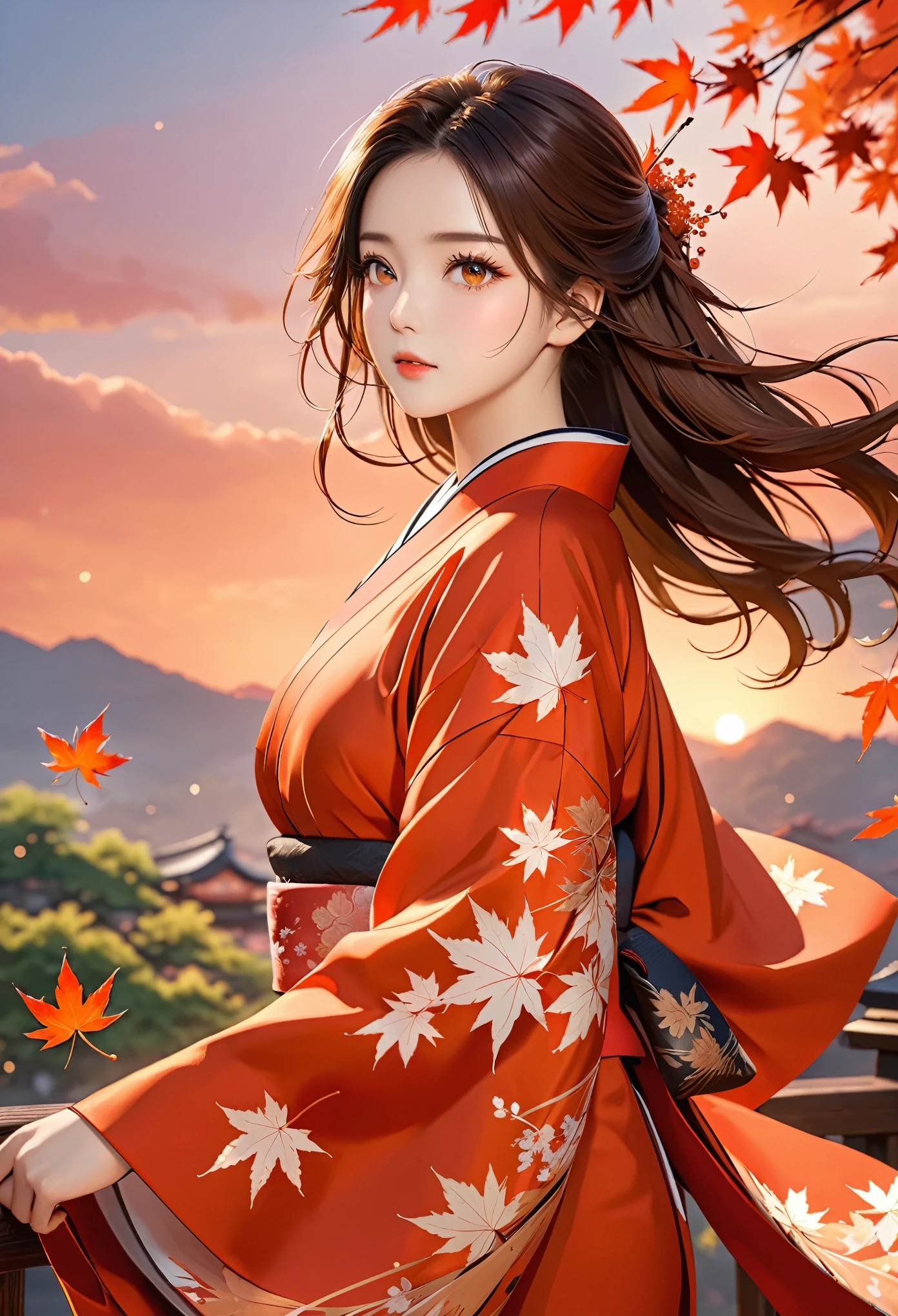 {{{masterpiece}}}, {Extremely detailed CG unity 8k wallpaper}, Astonishing, Fine details, Solitary, {{Flowing hair}, }, {{Maple Leaf}}, outdoor, Orange red sky, {{wind}}, Detailed background, Beautiful and delicate eyes, transparent:kimono:0.4, cleveage, Smart pupils, {{whole body}}, Dynamic poses, Dynamic Angle, cleveage, looking at the audience, Detailed clothes, movie lighting, close up, best quality