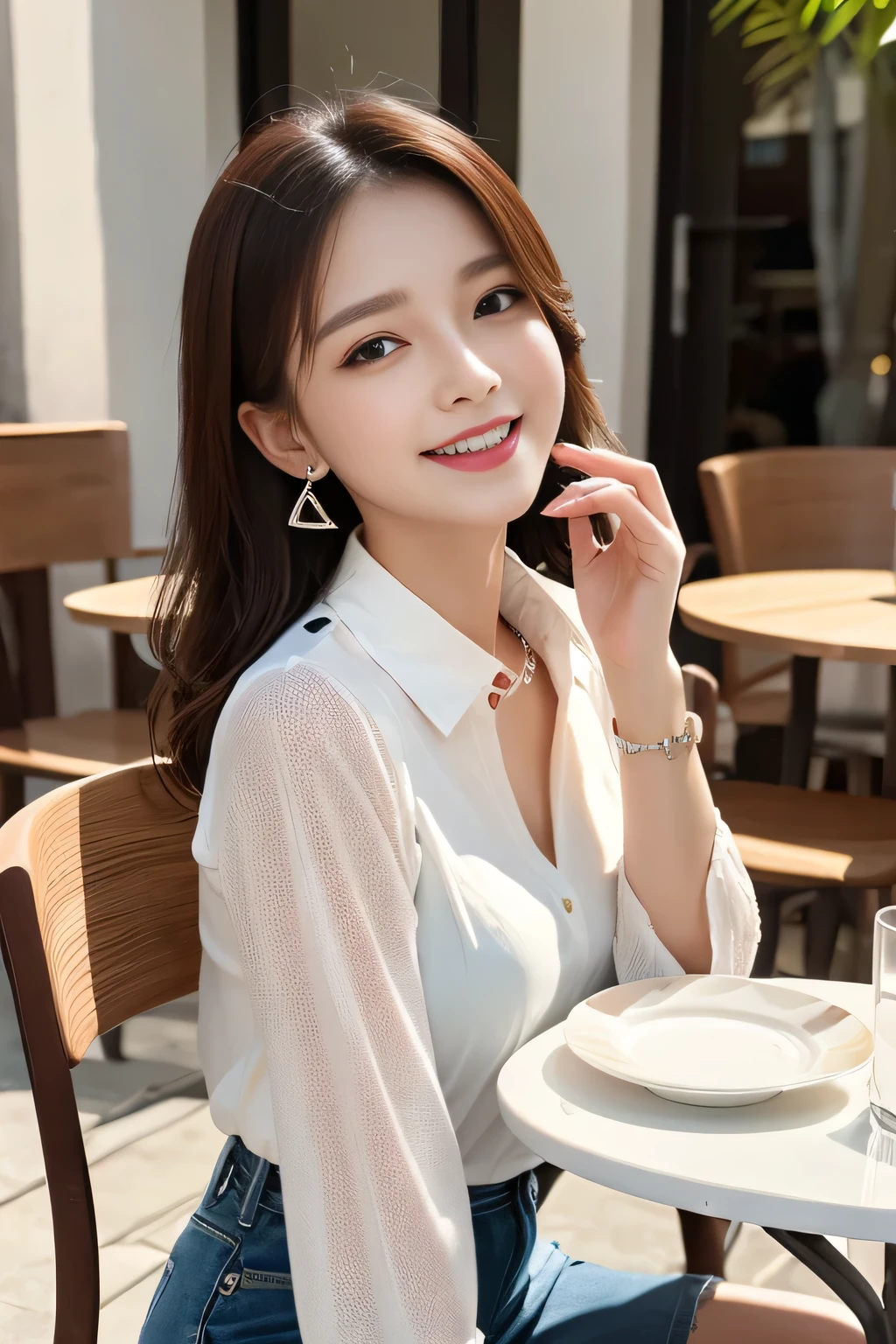 highest quality, masterpiece, 超A high resolution, One Girl, Shirt blouse with collar,No sleeve、Sitting in a chair、Triangle Earrings Makeup Thinner、Natural Makeup、Huge 、Cafe Terrace、table、Laughter