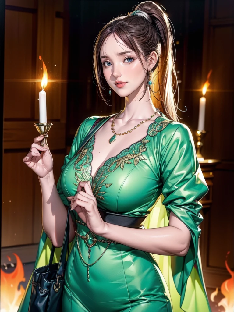 Colorful portrait illustration, (attractive female as a magician, ponytail, wear_length_Flowing_green_Complex_embroidery_magician_dress), (necklace, bag, internal, smile, Very detailed face, Tabletop, highest quality), Very detailed, (In the dungeons), magician_Grams, (big, Glowing Rune Circle), Fire and Ice, Casting a Spell, Ultra-high resolution, Alexandre Karame, Alyssa Monks and Shigeru Ban