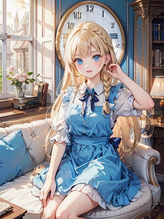 masterpiece, highest quality, Very detailed, 16k, Ultra-high resolution, Cowboy Shot, Alice in Wonderland, -yeld gi Detailed face, blue eyes, Blonde, Braid, Long Hair, Ribbon on head, Blue Dress, White apron, In a room with a big clock, Clock, wall clock, Bookshelf, Sit on the sofa