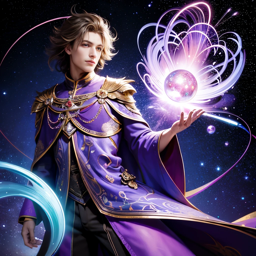 Masterpiece of a playful illustration (1.4),
Absurd yet intricately detailed (1.2),
A single, handsome man floating in the sky (1.4),
Emitting a mesmerizing, purple magic (1.4),
Casting spells with a whimsical, fractal art design,
Cloaked in clothes of detailed, vibrant purple,
Underneath the expansive, starry canvas of the night,
Surrounded by imaginative overlays and swirling energy.
His eyes gleaming with a mischievous, eager light,
His every movement conveys an air both rakish and right.
Using