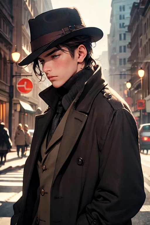masterpiece, best quality, realistic, 1man, mature male, quiet and charming young man, 25 years old, close his eyes, serious look, extremely detailed face, ((dark grey eyes)), ((short-right-swept dark brown hair)), [thick eyebrows], detective, ((Dressed in a classic overcoat and fedora hat)), cinematic lighting, looking at the audience, posture dynamics, Victorian era