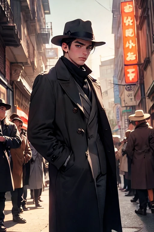masterpiece, best quality, realistic, 1man, mature male, quiet and charming young man, 25 years old, close his eyes, serious look, extremely detailed face, ((dark grey eyes)), ((short-right-swept dark brown hair)), [thick eyebrows], detective, ((Dressed in a classic overcoat and fedora hat)), cinematic lighting, looking at the audience, posture dynamics, Victorian era