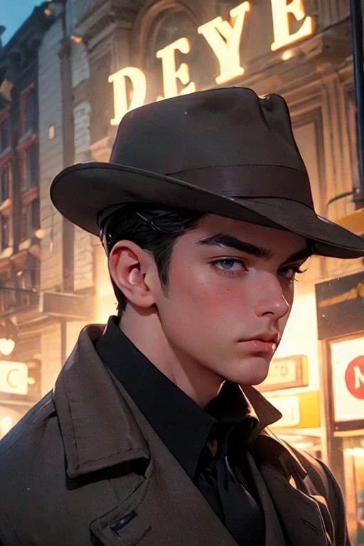 masterpiece, best quality, realistic, 1man, mature male, quiet and charming young man, 25 years old, close his eyes, serious look, extremely detailed face, ((dark grey eyes)), ((short-right-swept dark brown hair)), [thick eyebrows], detective, ((Dressed in a classic overcoat and fedora hat)), cinematic lighting, looking at the audience, posture dynamics, Victorian era