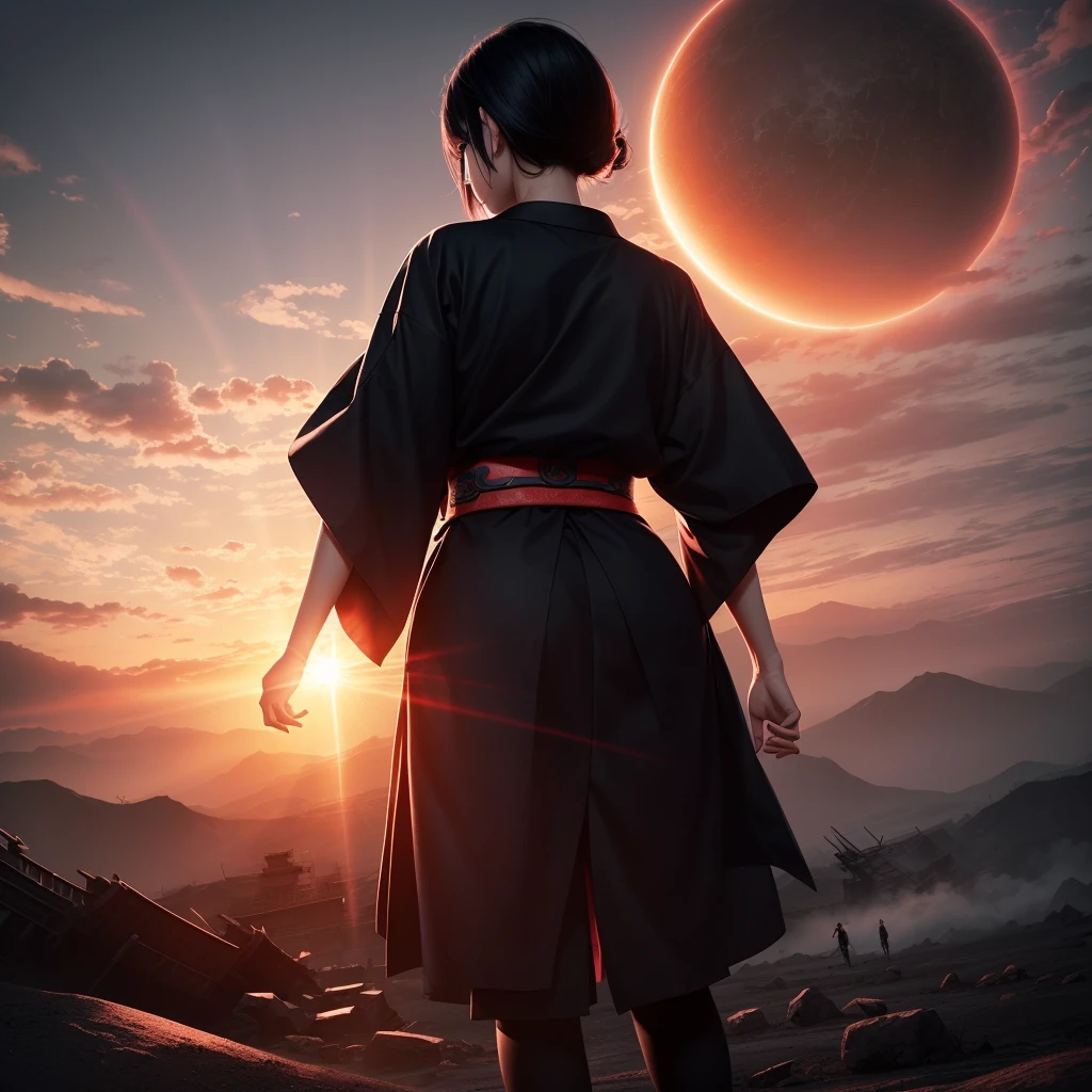 Beautiful half-length image, Small Breasts, Short flowing black hair, Wearing exquisite samurai clothes, Dystopian Planet, Ominous Sun, Red and pink clouds, black smoke background, Dynamic lighting, Action poses, 8K, High resolution