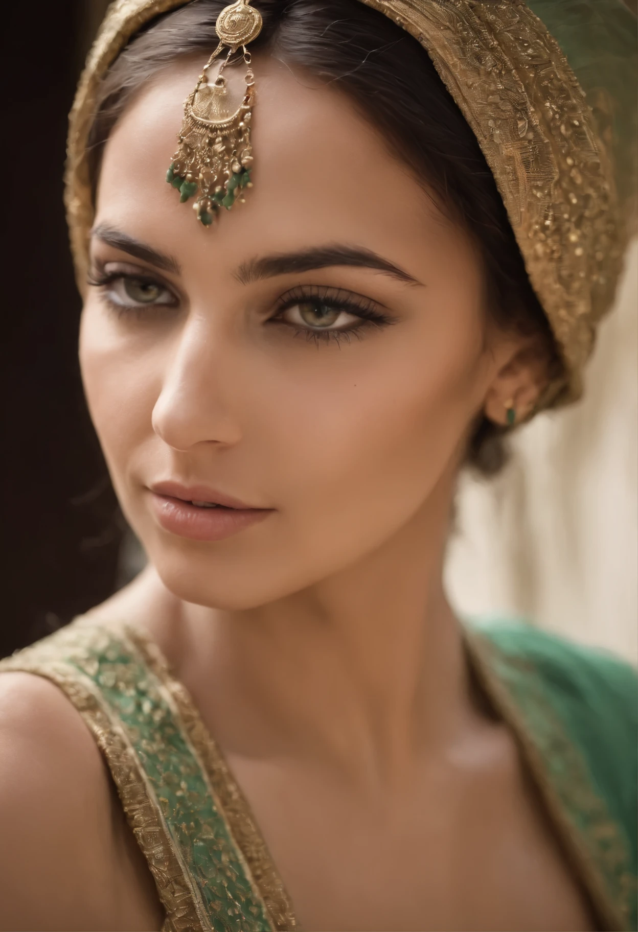 femme egyptienne aux yeux verts regardant la caméra avec des vêtements mettant en valeur sa silhouette charmante