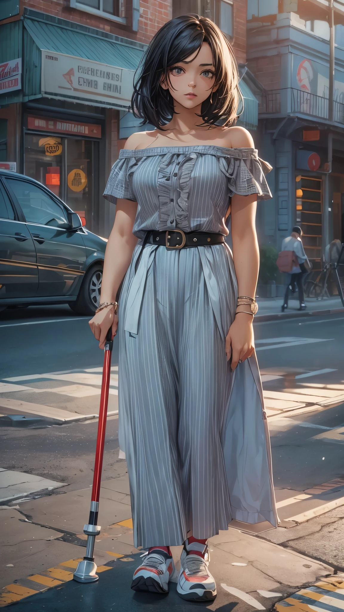 (Super detailed, realistic), streets scene, [Moderately:Oil], [Professional:1.1], [Physically based rendering], [bright colors], [sharp focus], [studio lighting], [extreme details], [highest quality,4k,8K,High resolution,masterpiece:1.2],(detailed face),outside the streets,((One 18-year-old woman)),(short black hair),(dark), [nervous eyes],(casual ladies fashion,off shoulder,maxi length skirt,socks,pamps),(she walks on crutches)