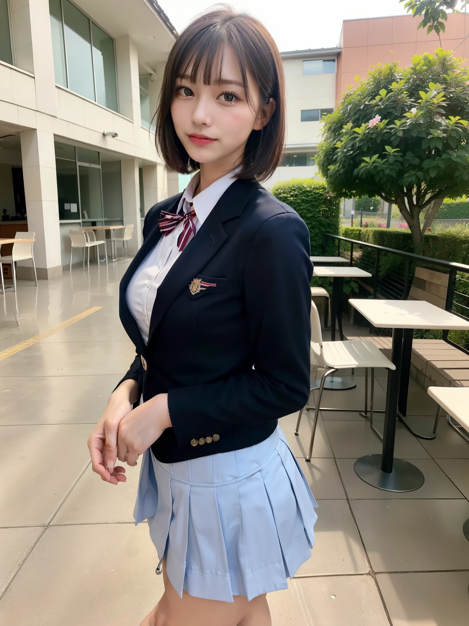 ((Best of the highest quality, 8k, Masterpiece: 1.3, raw photo)), Sharp focus: 1.2, (1 AESPA, slim body type female, 21 y/o: 1.1), (Solo: 1.28), (realistic, photo-realistic:1.37), face focus, cute face, finely eyes, side lighting, using reflectors, (small breasts, flat chest, Thigh: 1.3), (short messy hair, bangs: 1.28), (wearing blazer school uniform, bra top, skirt:1.32), (ribbon:1.2), walking terrace dining, sun light, flower,