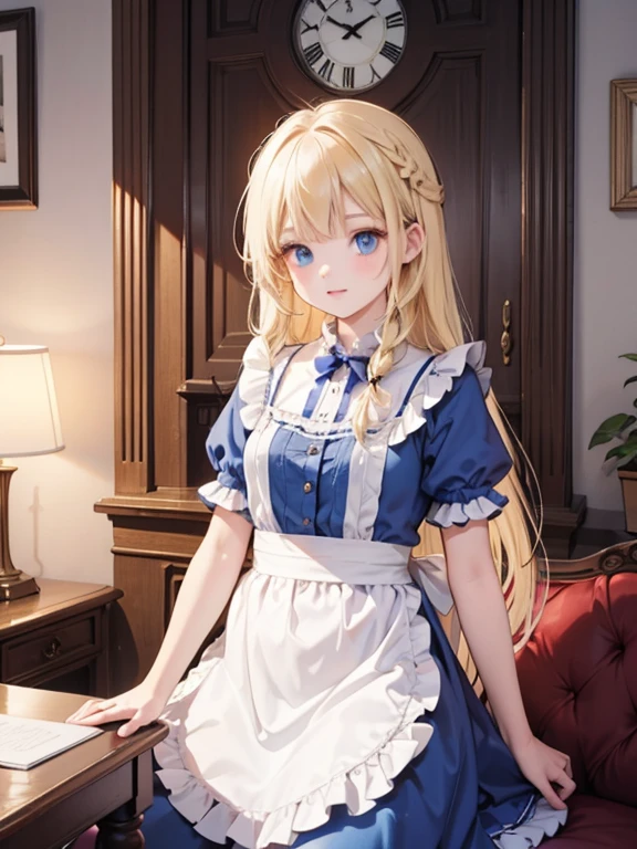 masterpiece, highest quality, Very detailed, 16k, Ultra-high resolution, Cowboy Shot, Alice in Wonderland, 10-year-old girl, Detailed face, blue eyes, Blonde, Braid, Long Hair, Ribbon on head, Blue Dress, White apron, In a room with a big clock, Clock, wall clock, Bookshelf, Sit on the sofa
