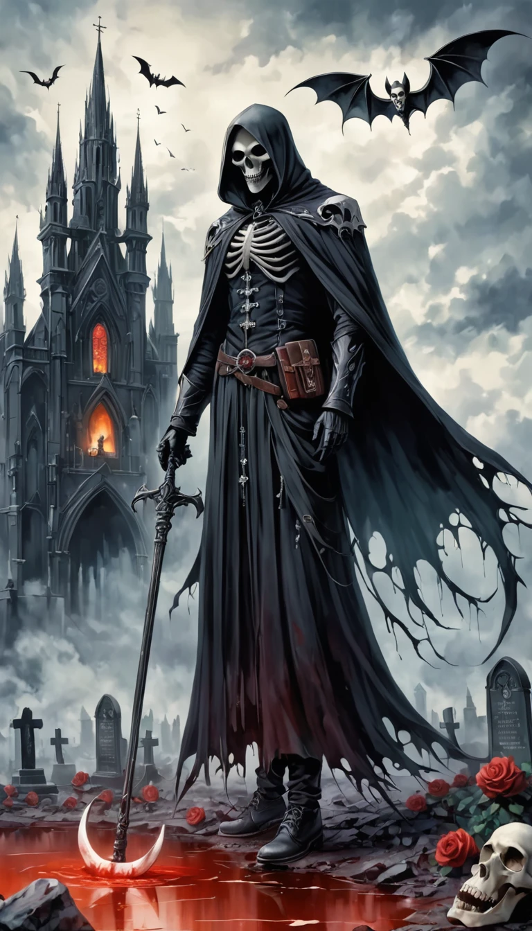 (Messenger from Hell:1.4),Grim Reaper with a giant scythe,Viewpoint from below,Dark Hell,magma,flame,(紫色flame:1.3),There is fresh Blood on the ground,Blood pool,dripping Blood,Dark Gothic Aesthetics,bat、Rose、dark castle、cross、Blood、Churchyard, etc...,这些元素体现了Gothic style的神秘感、stately、Deep Functionality。Gothic style,Gothic style,on the theme of,cloak、象征浪漫的Rose、grave、Reaper、ruins、Gothic cathedrals, etc.,Common elements of Gothic symbols。