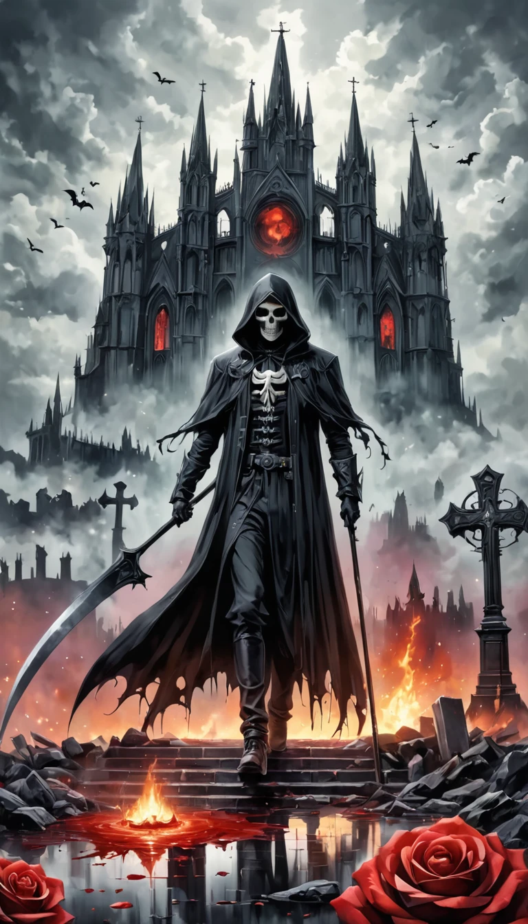 (Messenger from Hell:1.4),Grim Reaper with a giant scythe,Viewpoint from below,Dark Hell,magma,flame,(紫色flame:1.3),There is fresh Blood on the ground,Blood pool,dripping Blood,Dark Gothic Aesthetics,bat、Rose、dark castle、cross、Blood、Churchyard, etc...,这些元素体现了Gothic style的神秘感、stately、Deep Functionality。Gothic style,Gothic style,on the theme of,cloak、象征浪漫的Rose、grave、Reaper、ruins、Gothic cathedrals, etc.,Common elements of Gothic symbols。