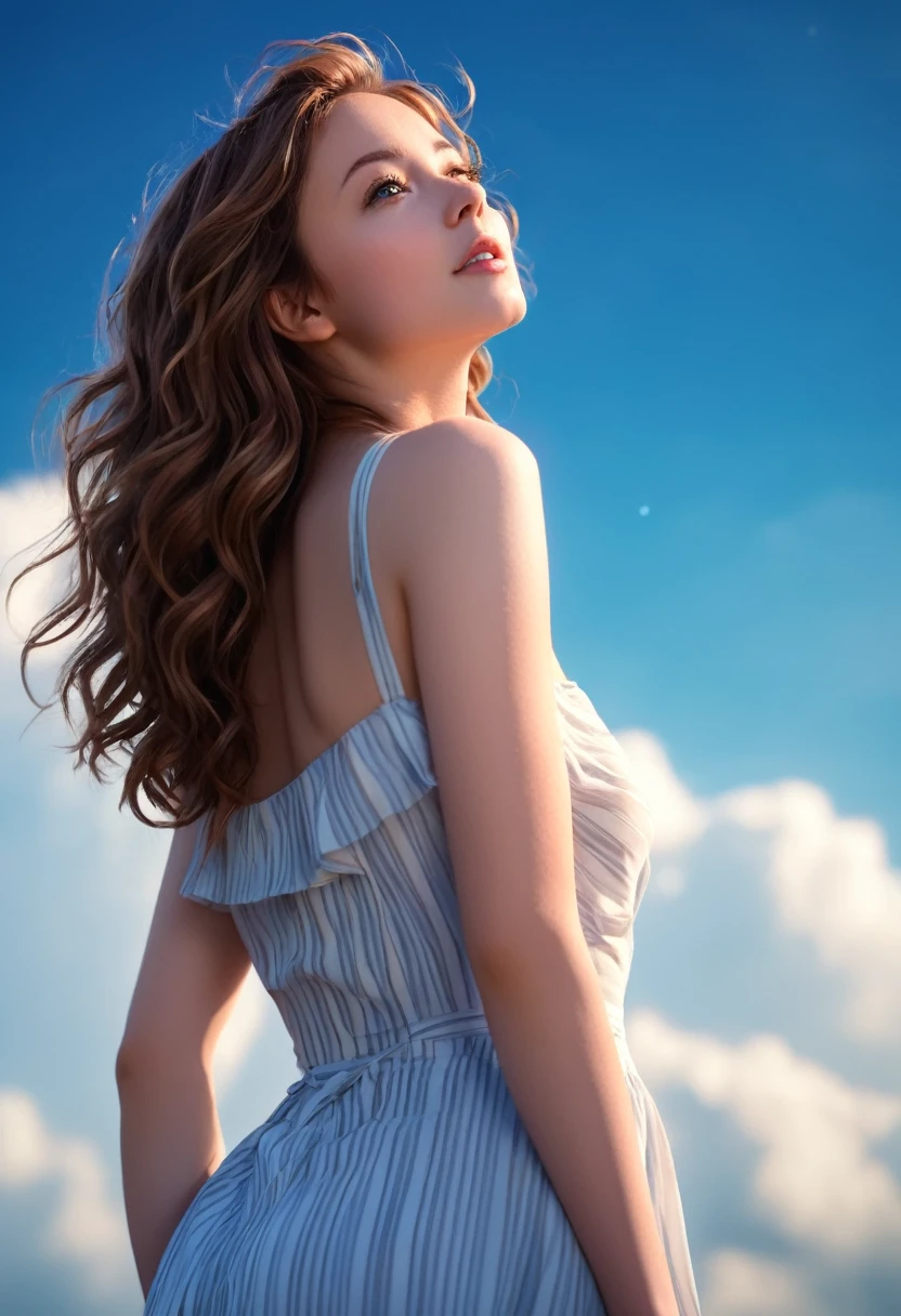 Anime style, 1womanl, brown haired, Wavy shoulder-length hair, full bodyesbian, looking away from camera, Looking up at the sky, Calm, Soft dramatic lighting, depth of fields, Bokeh, vibrant detail, hyper realisitic,